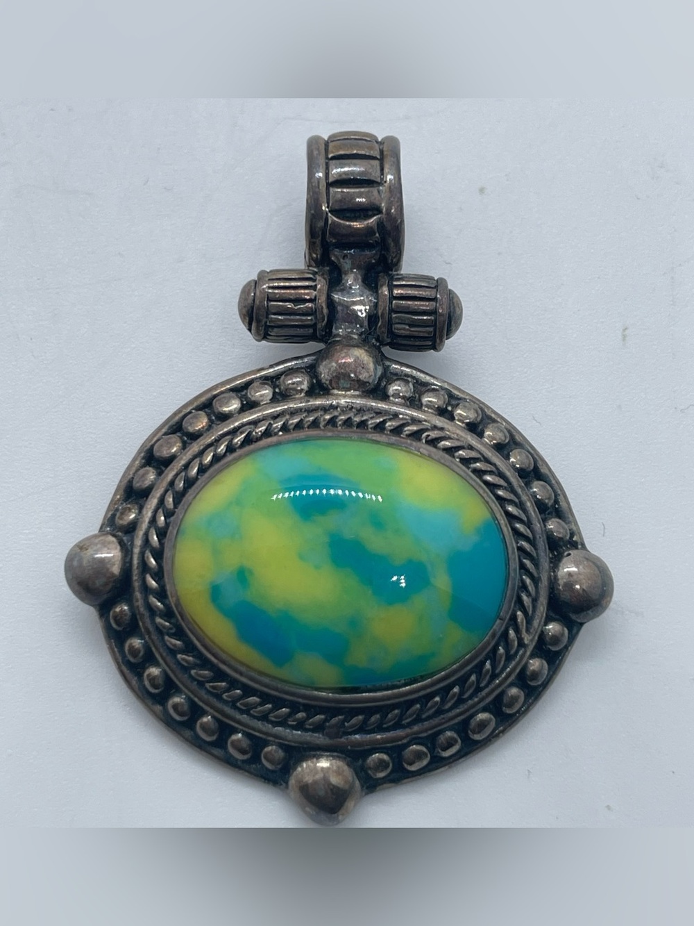 Vintage Mexico 925 Sterling Silver Oval Pendant 15.29g Blue Yellow Marbled Stone
